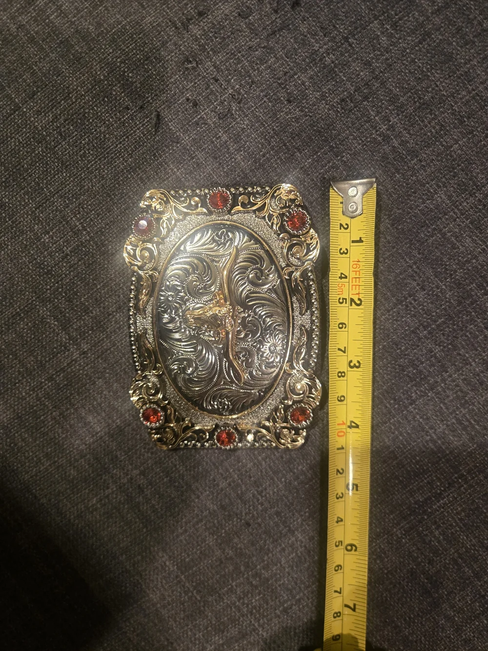 Western Belt Buckle - Longhorn with Red Stones